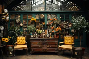 Antique church altar and chairs in mercantile setting