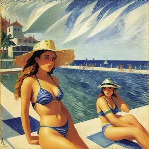 Tropical Beach Paradise with Sunbathing Models in Bikinis