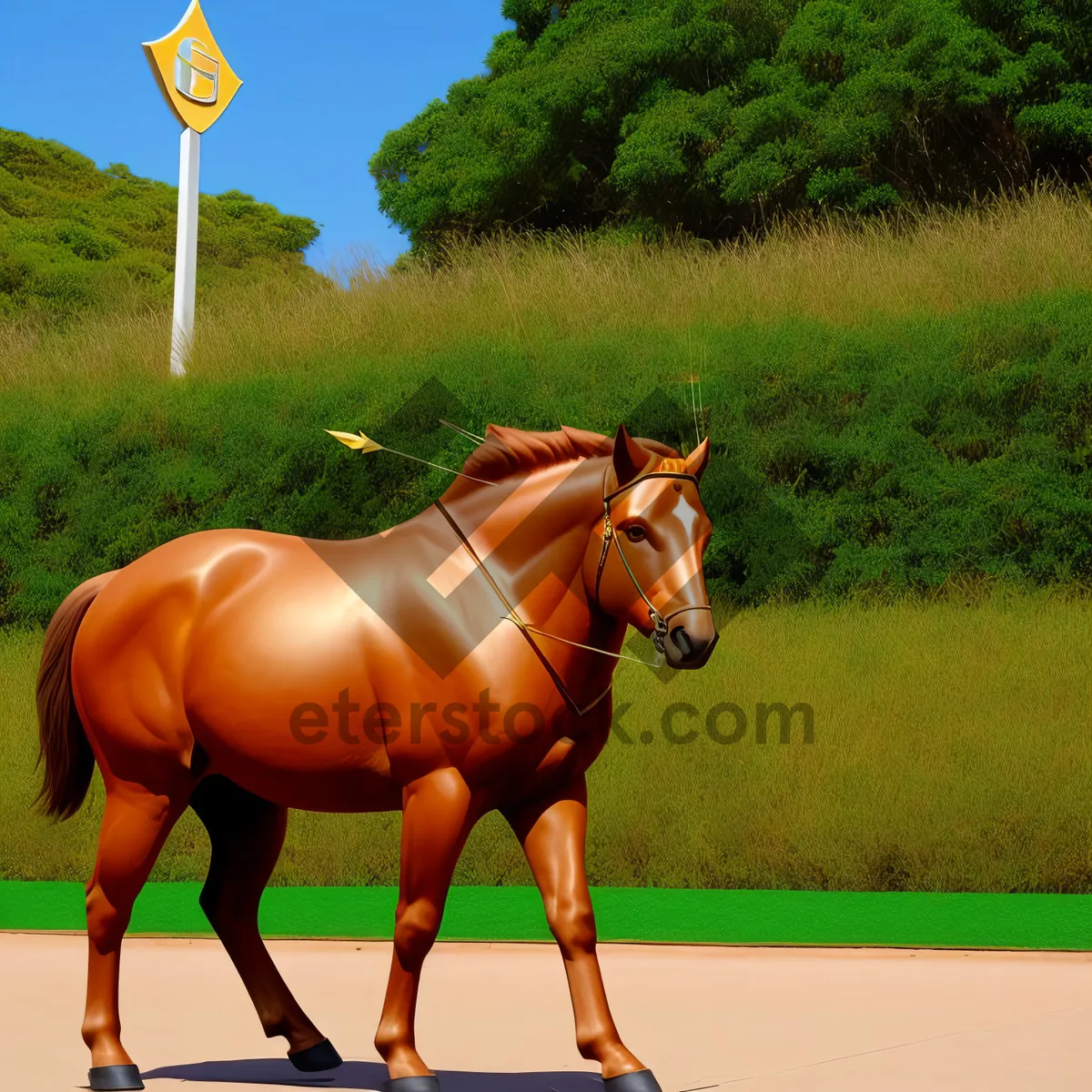 Picture of Beautiful Thoroughbred Stallion Grazing in Rural Meadow