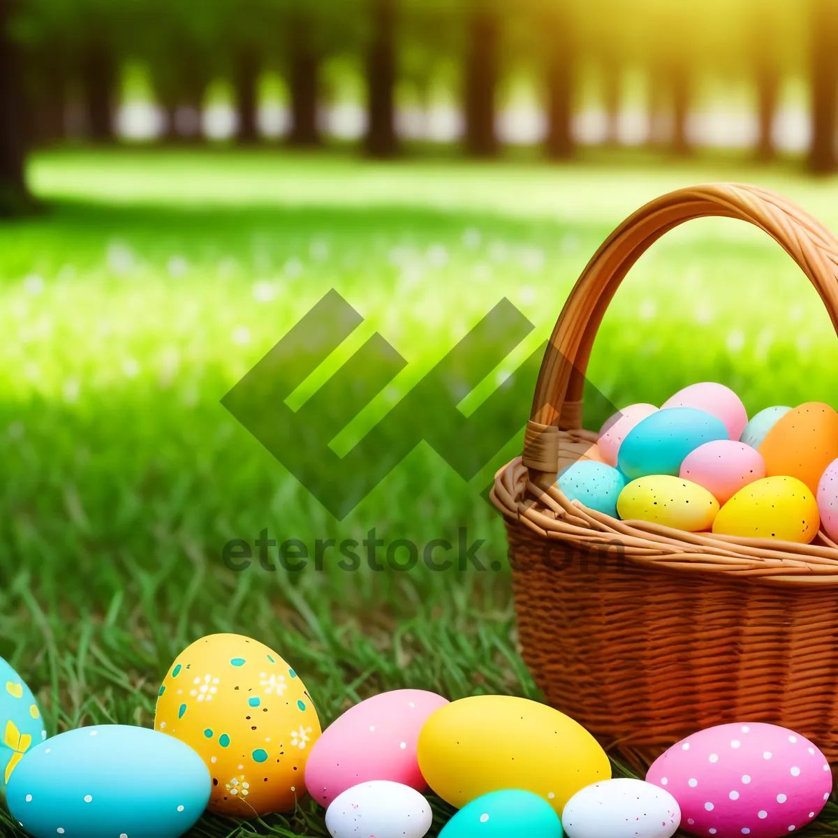 Picture of Colorful Easter Basket Filled with Sweet Fruit and Candy