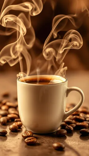 Freshly brewed espresso in black mug on restaurant table.