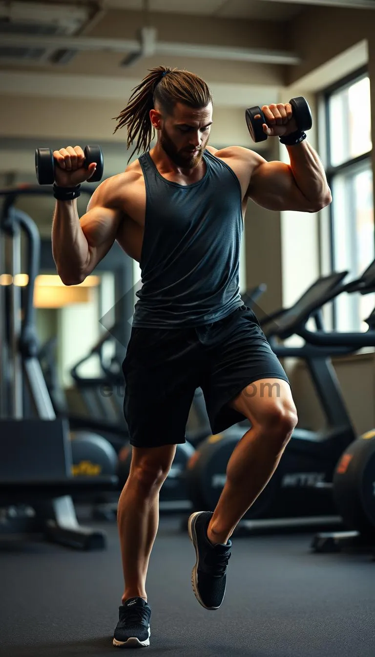 Picture of Muscular man exercising with dumbbells at the gym