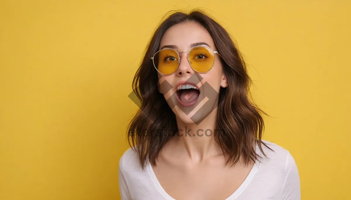 Picture of Attractive fashion model wearing sunglasses in studio portrait.