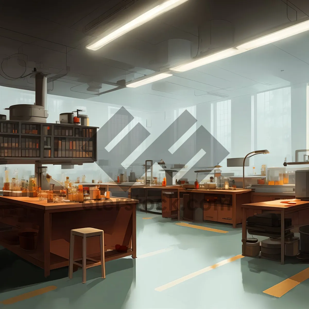 Picture of Modern cafe interior design with wooden furniture and lamp.