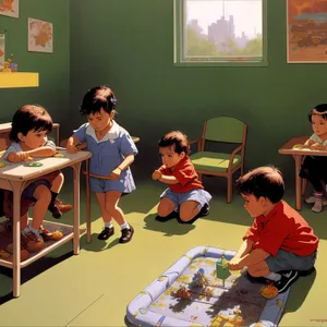 Smiling teacher in a classroom with students