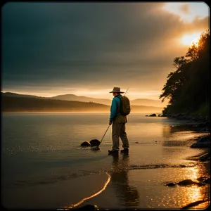 Sunset Silhouette: Fisherman's Dusk by the Shore