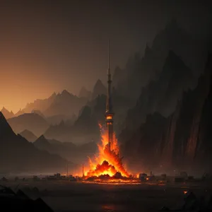 Skyline Blaze: Architectural Marvel Illuminated by Fiery Night Lights