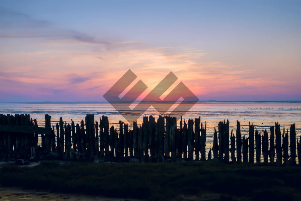 Picture of Sunset skyline over coastal city with pier.