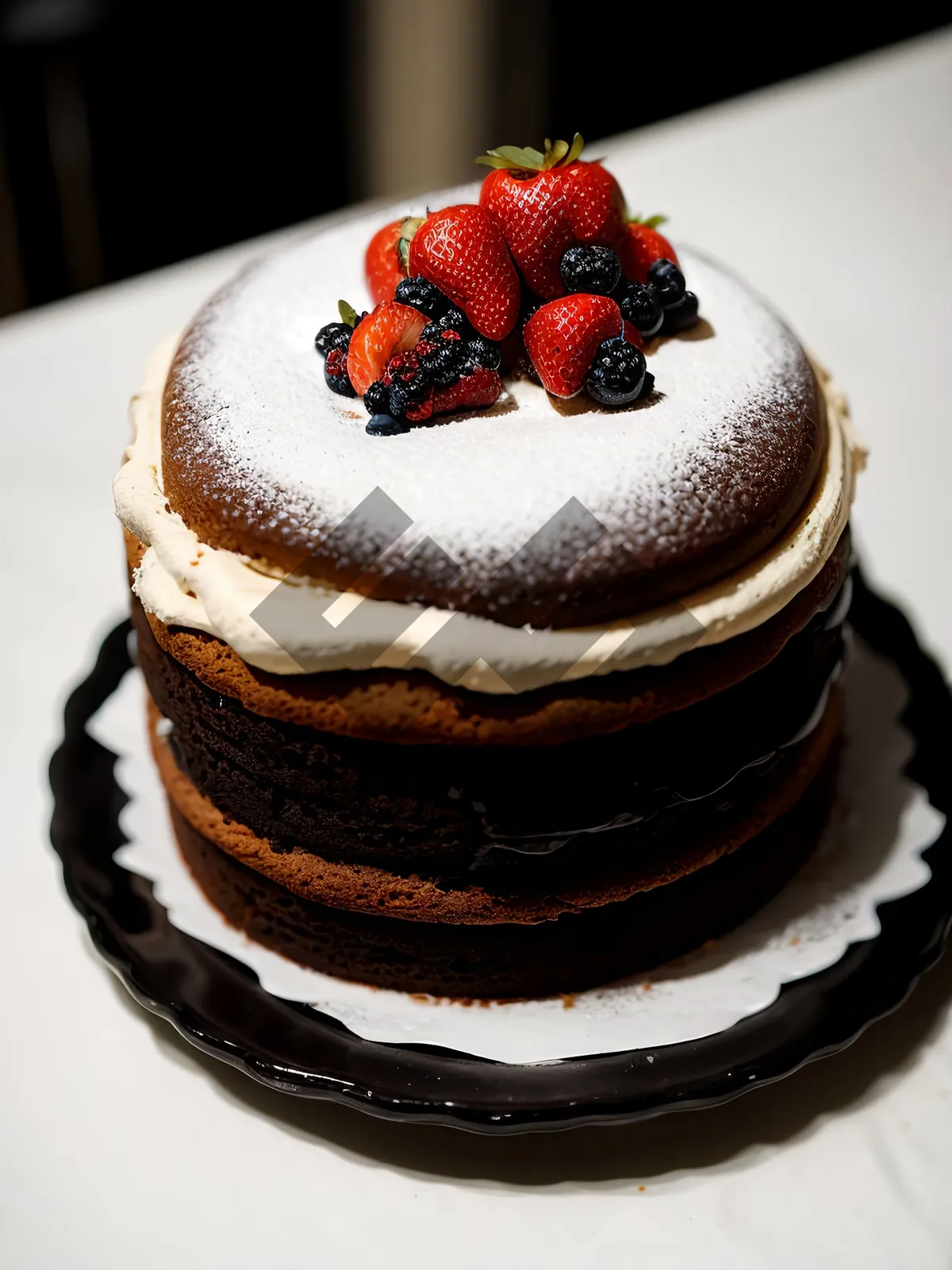 Picture of Sweet Berry Delight: Decadent Dessert with Fresh Fruit and Chocolate Sauce