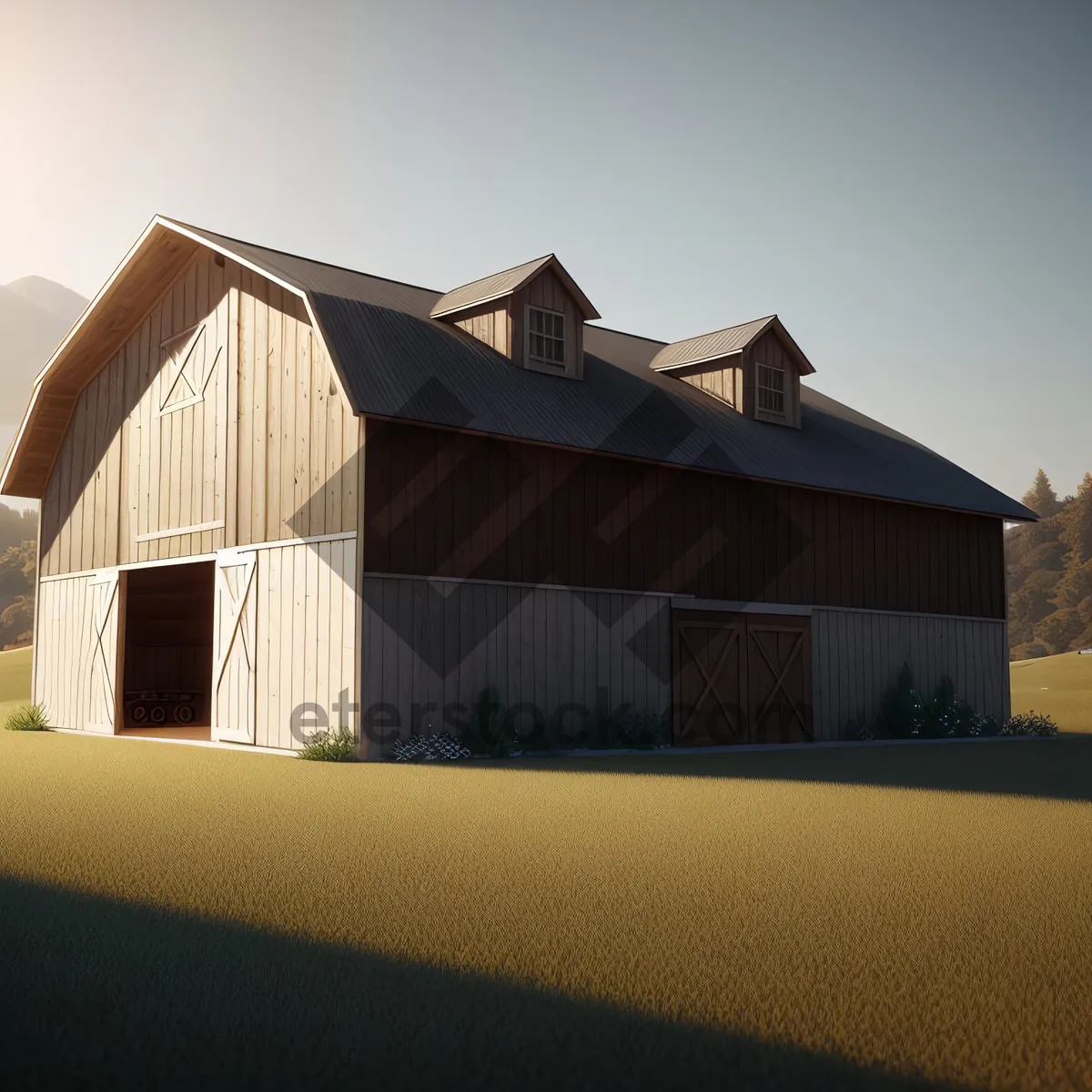 Picture of Rustic Country Farmhouse with Barn and Blue Sky