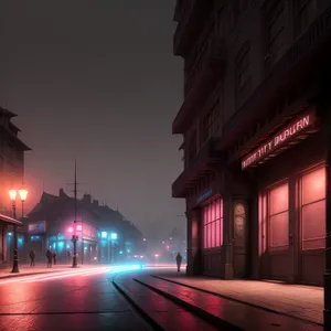 Nighttime cityscape featuring iconic architecture and vibrant street lighting