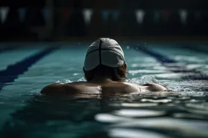 Beach hat floating in pool with seagull