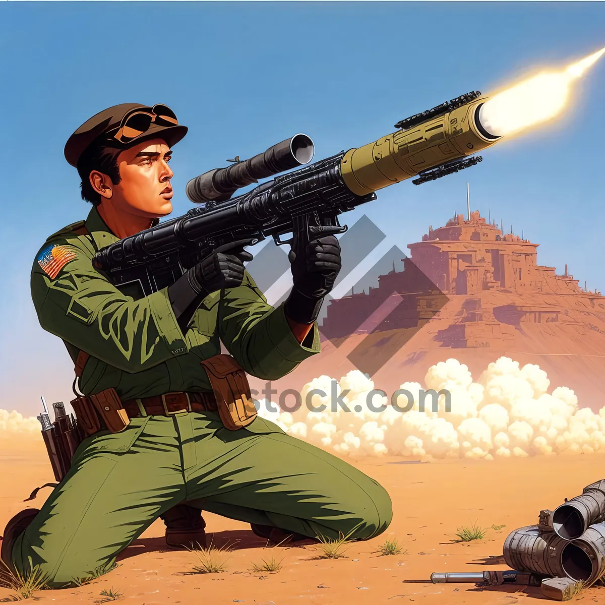 Picture of Battle-ready soldier wielding powerful rifle.