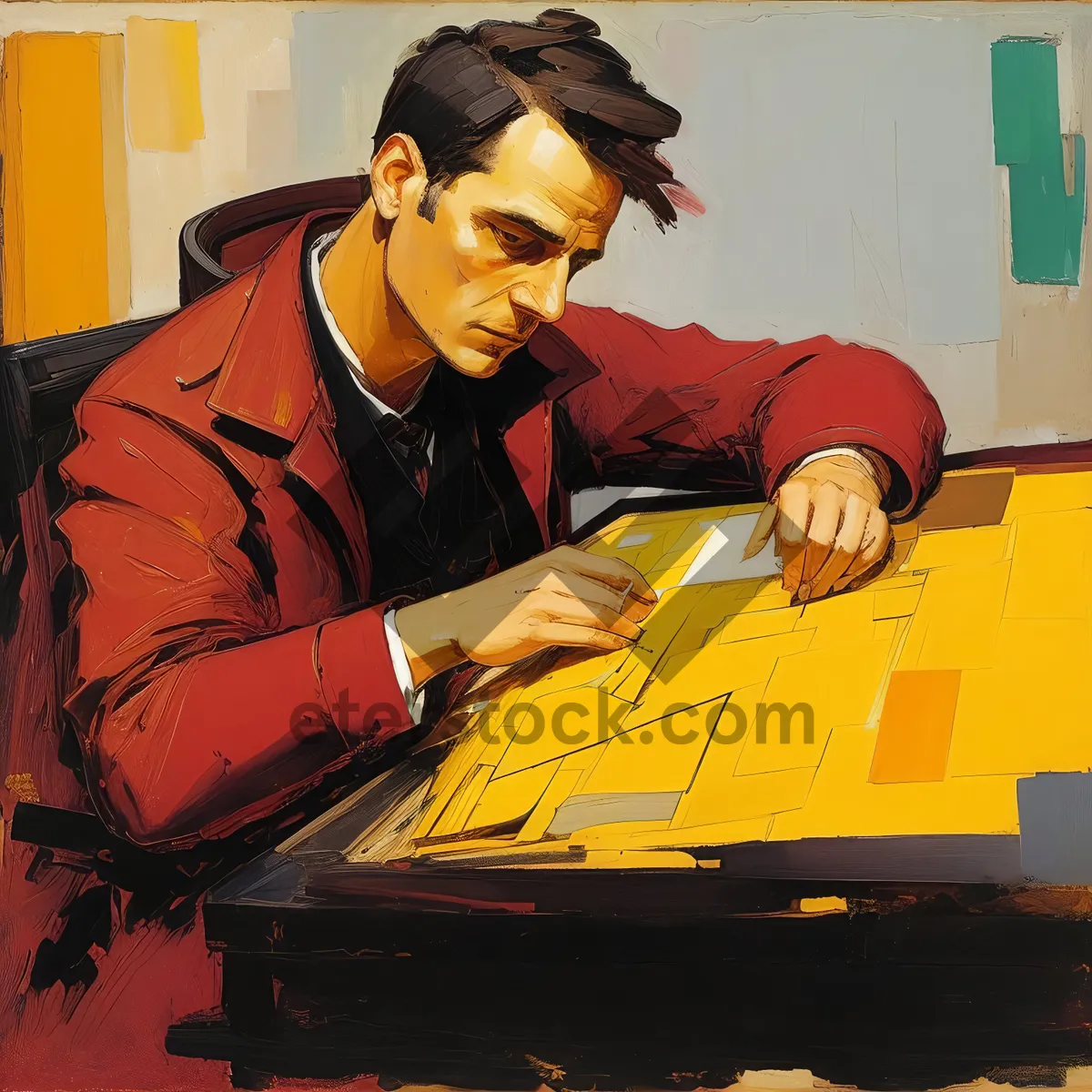 Picture of Happy businessman working at office desk with laptop