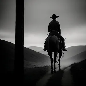 Dusk Cowboy Silhouette Riding into Evening Sunset