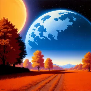 Vibrant celestial landscape with sun, moon, and clouds.