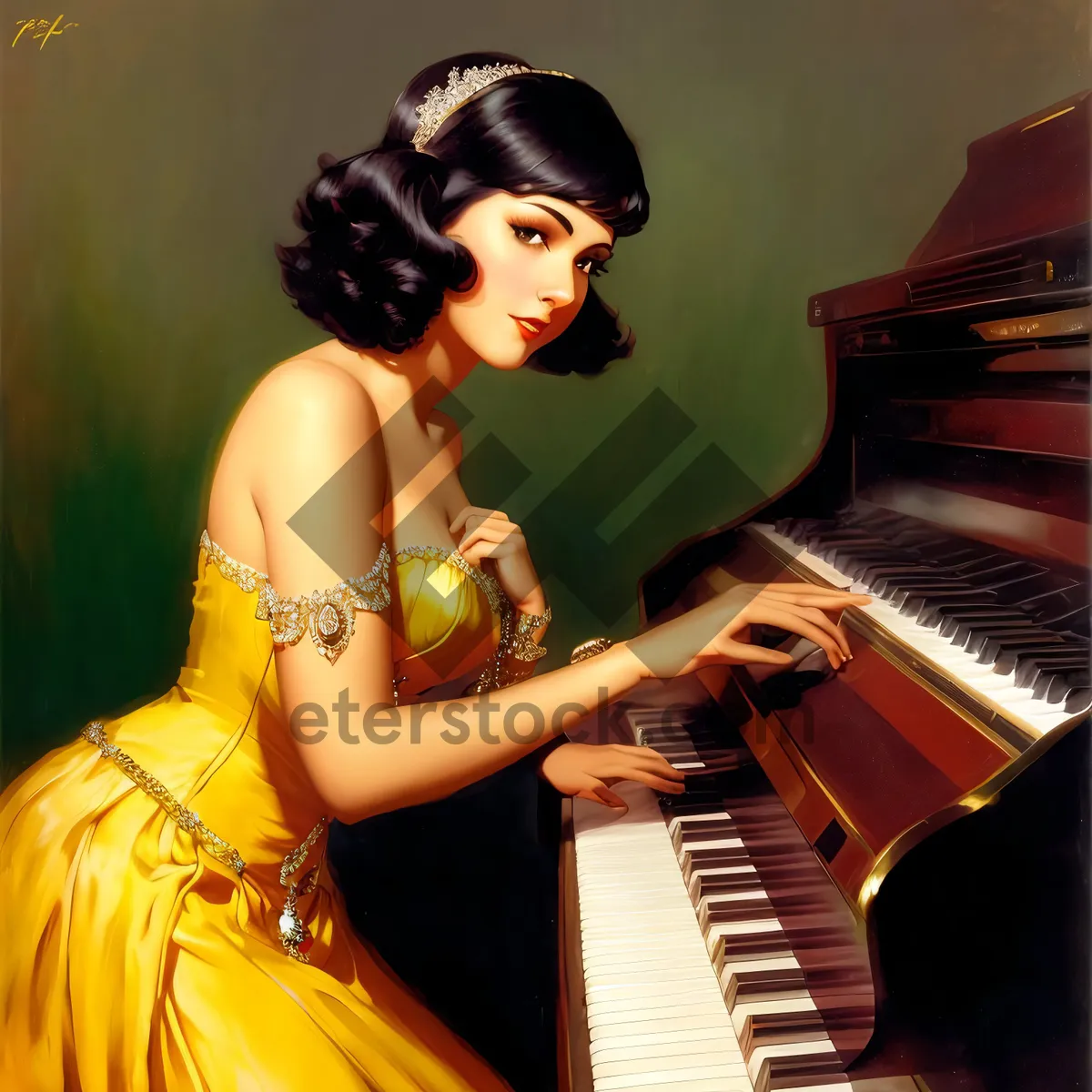 Picture of Seductive brunette model playing grand piano