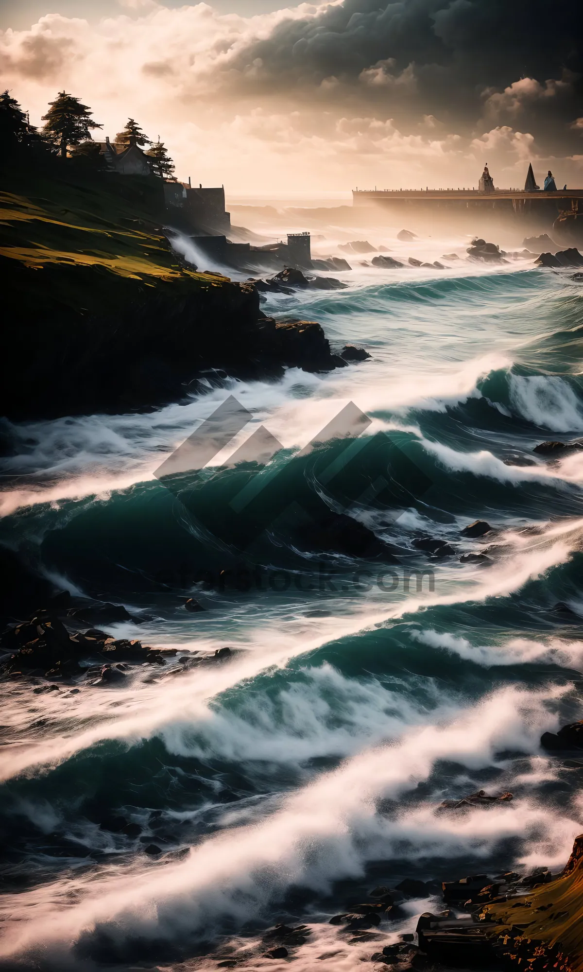 Picture of Tropical island beach with rocky coastline and waves.