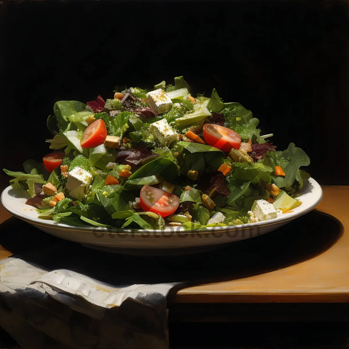Picture of Fresh vegetable salad with cheese and tomato slices.