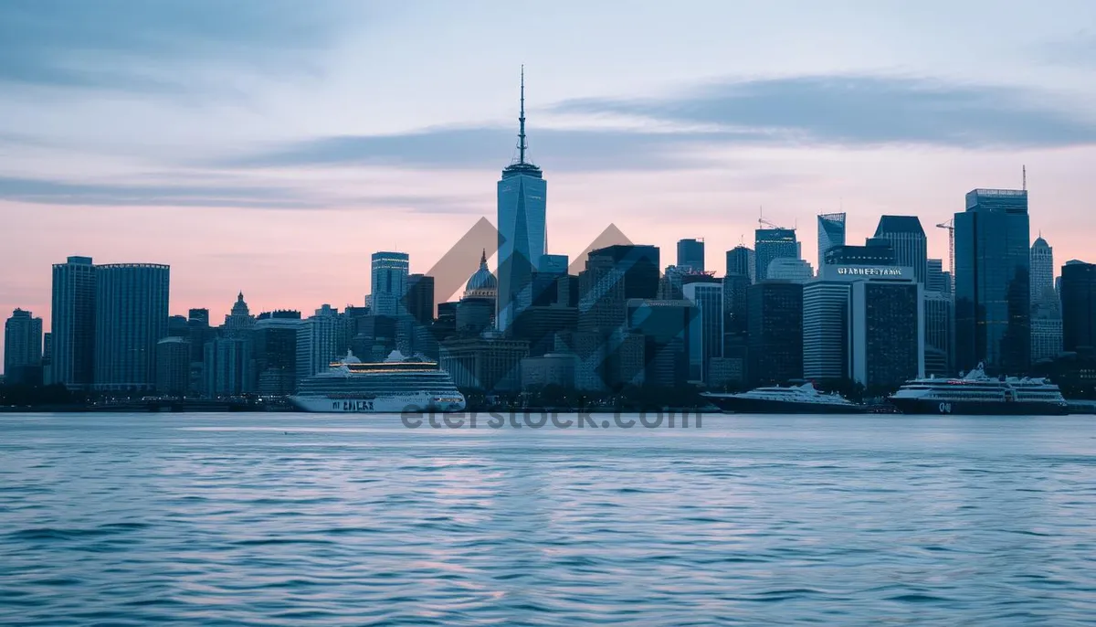 Picture of Modern skyline reflecting in river at sunset.