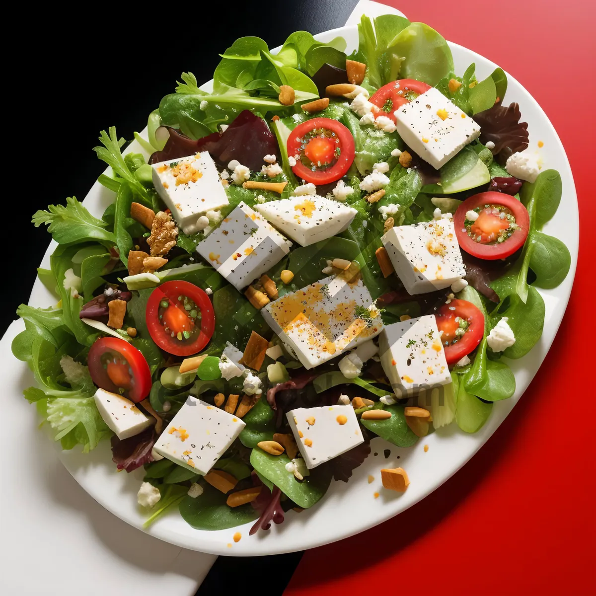 Picture of Gourmet vegetable plate with fresh salad and cheese.