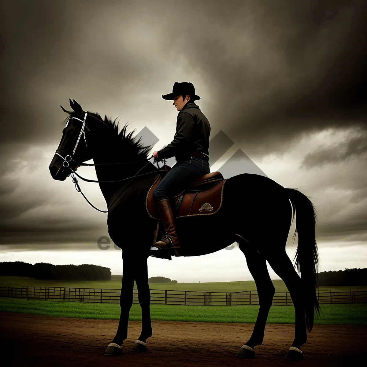 Picture of Sunset Silhouette: Thoroughbred Horse Riding with Polo Mallet