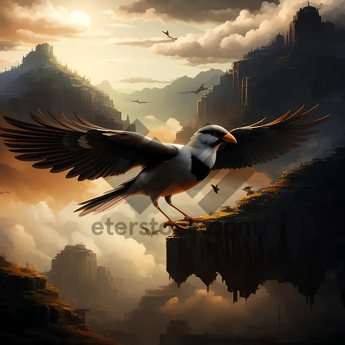 Picture of Coastal Seagull Soaring over Wild Ocean