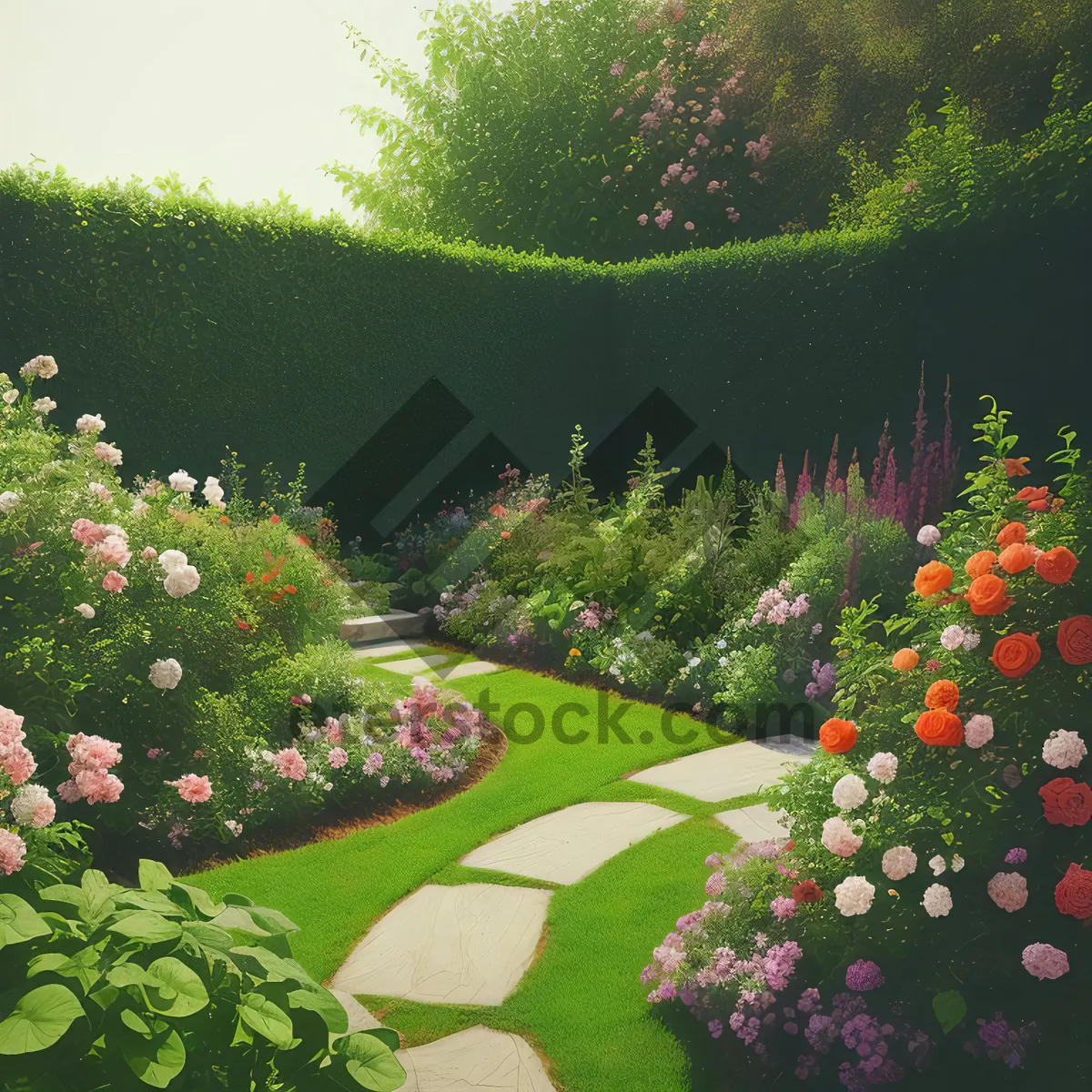 Picture of Summer Landscape with Vibrant Flower Garden