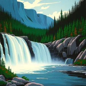 Scenic Flow: Majestic Waterfall in Mountainous Landscape