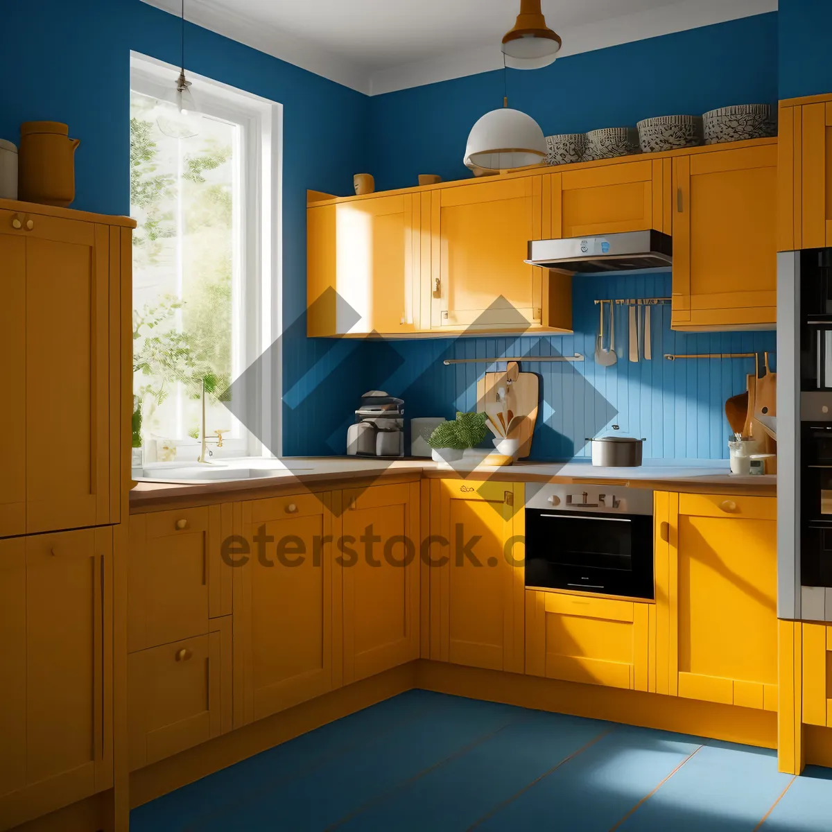 Picture of Modern kitchen interior with stainless steel appliances and granite countertops.