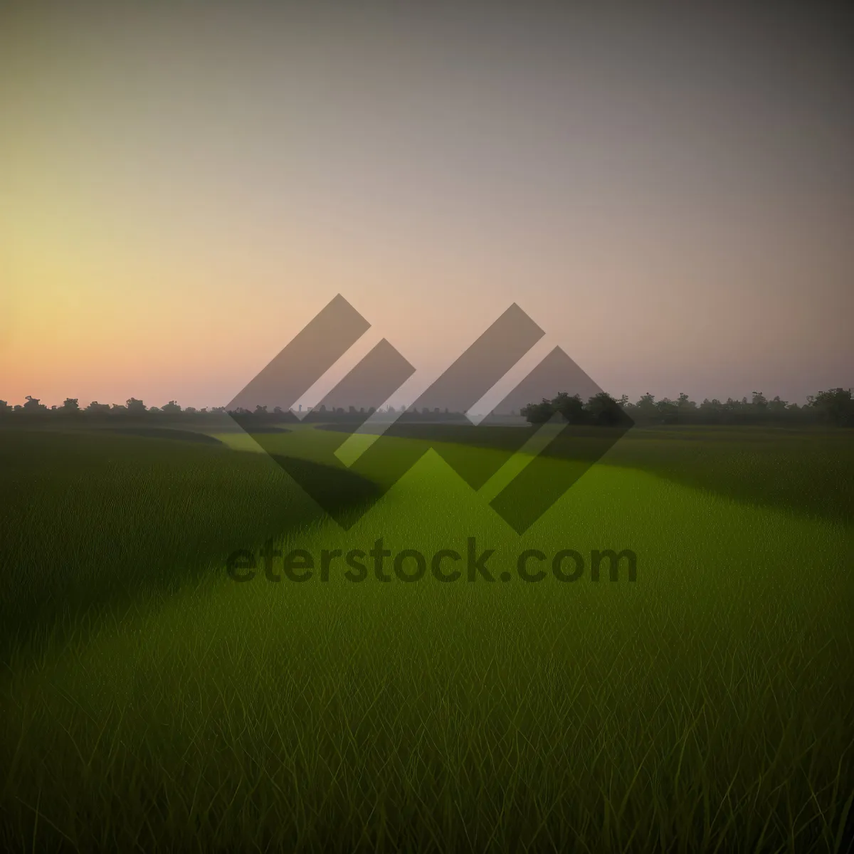 Picture of Serene Horizon: A picturesque countryside landscape with a stunning sunset over a vast meadow and tranquil lake.