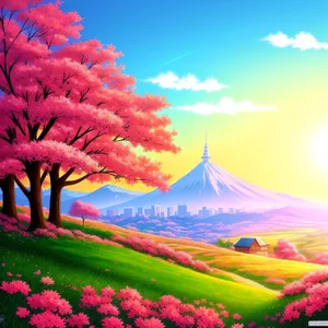 Idyllic Countryside Meadow Under a Colorful Sky