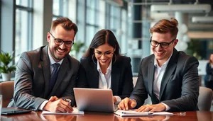 Happy professional team working together in office with laptops.