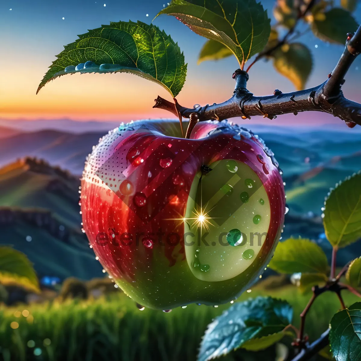 Picture of Festive Red Delicious Apple Ornament on Winter Tree