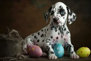 Black and white adorable Dalmatian puppy portrait.