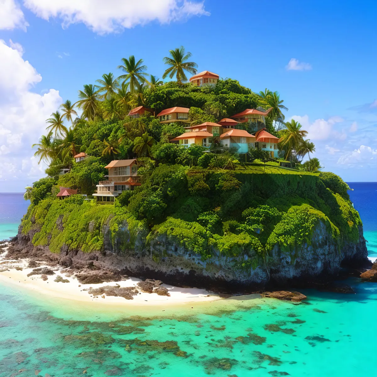 Picture of Tropical beach paradise with palm trees and crystal-clear water.