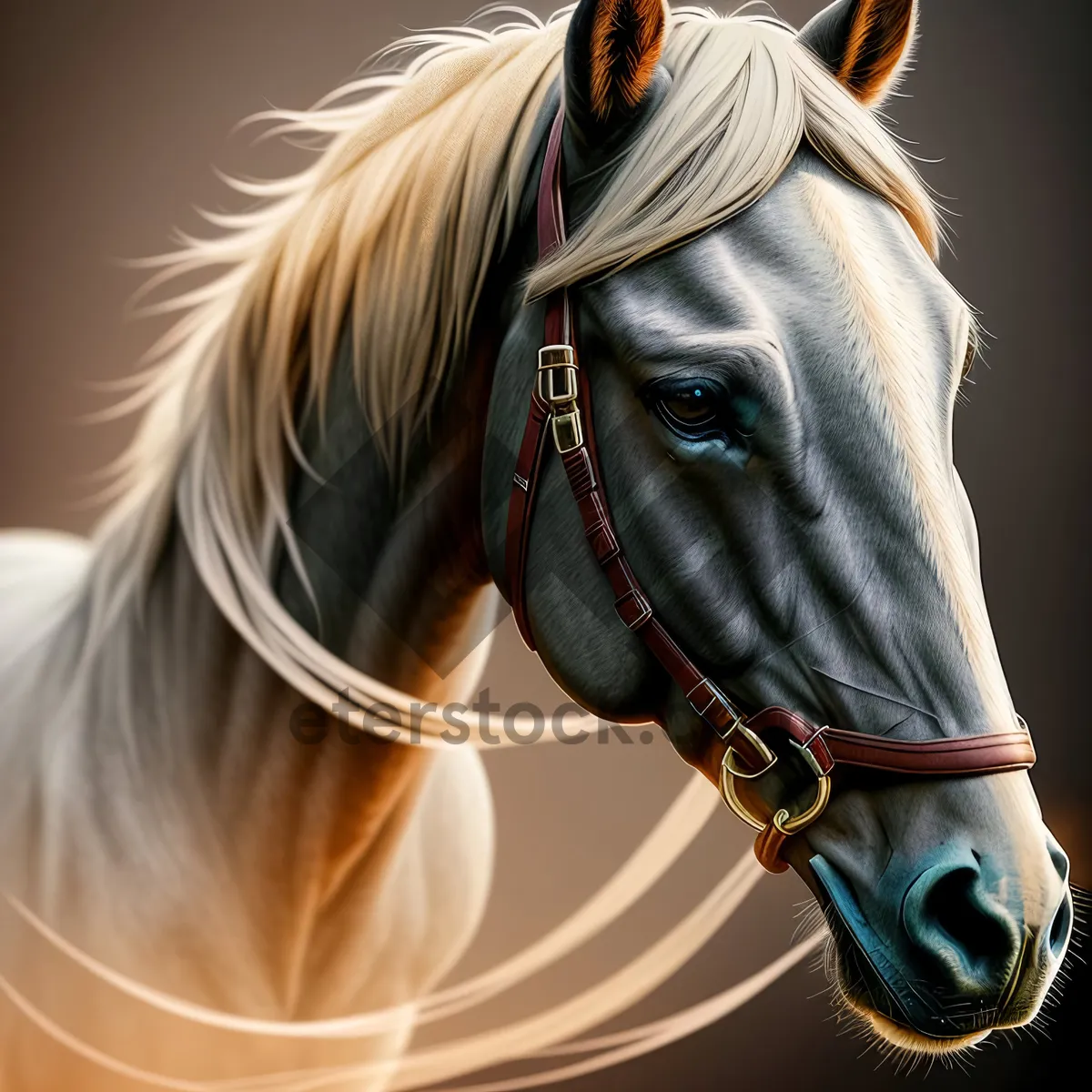 Picture of Wild Stallion Portrait - Majestic Brown Horse with Snaffle Bit