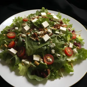 Delicious gourmet salad with fresh vegetables and cheese