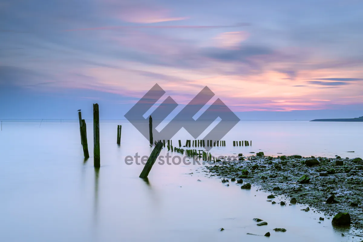 Picture of Sunset silhouette over tranquil beach shoreline.
