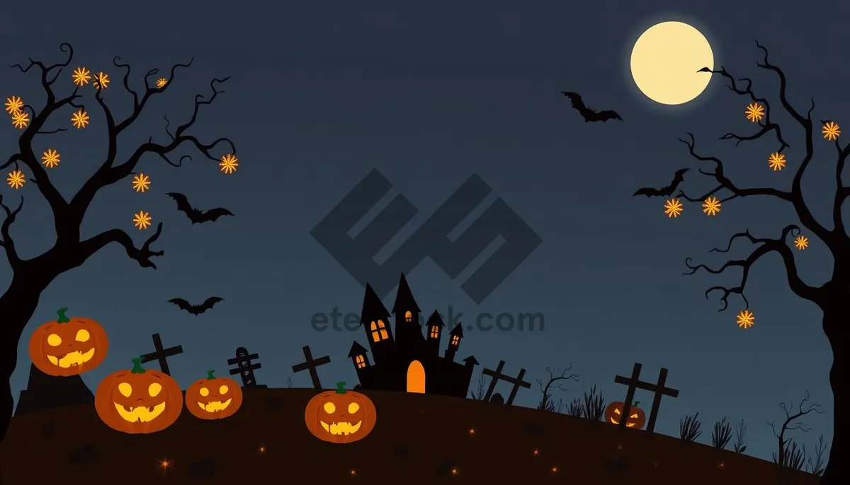 Picture of Moonlit cemetery silhouette art with Halloween pumpkin.
