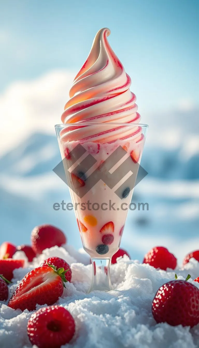 Picture of Fresh Strawberry Ice Cream Dessert with Chocolate Drizzle