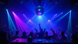 DJ creating vibrant light show on stage at nightclub