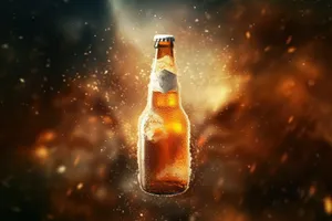 Refreshment Celebration: Cold Lager Beer Bottle Gold Foamy Bubbles