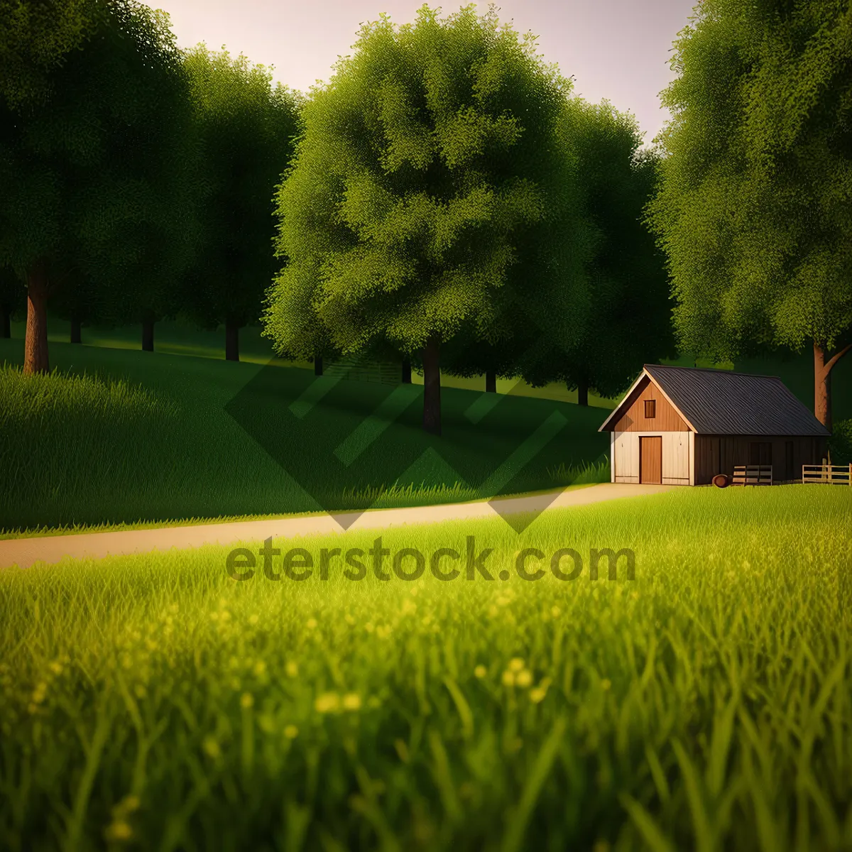 Picture of Idyllic countryside farm with lush green meadow