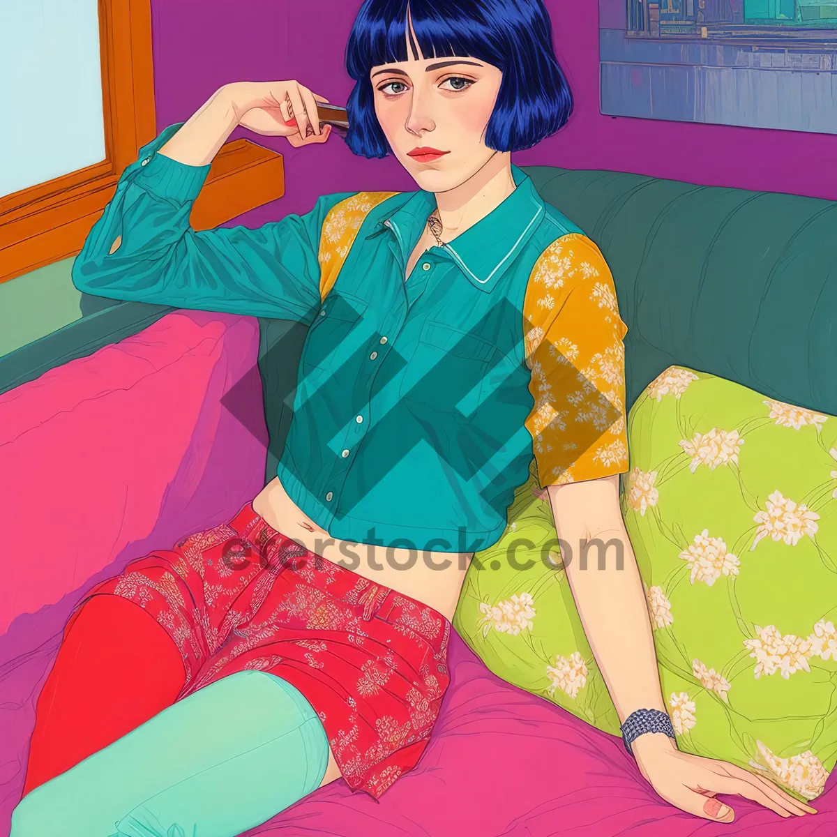 Picture of Attractive lady smiling in cute pajama outfit