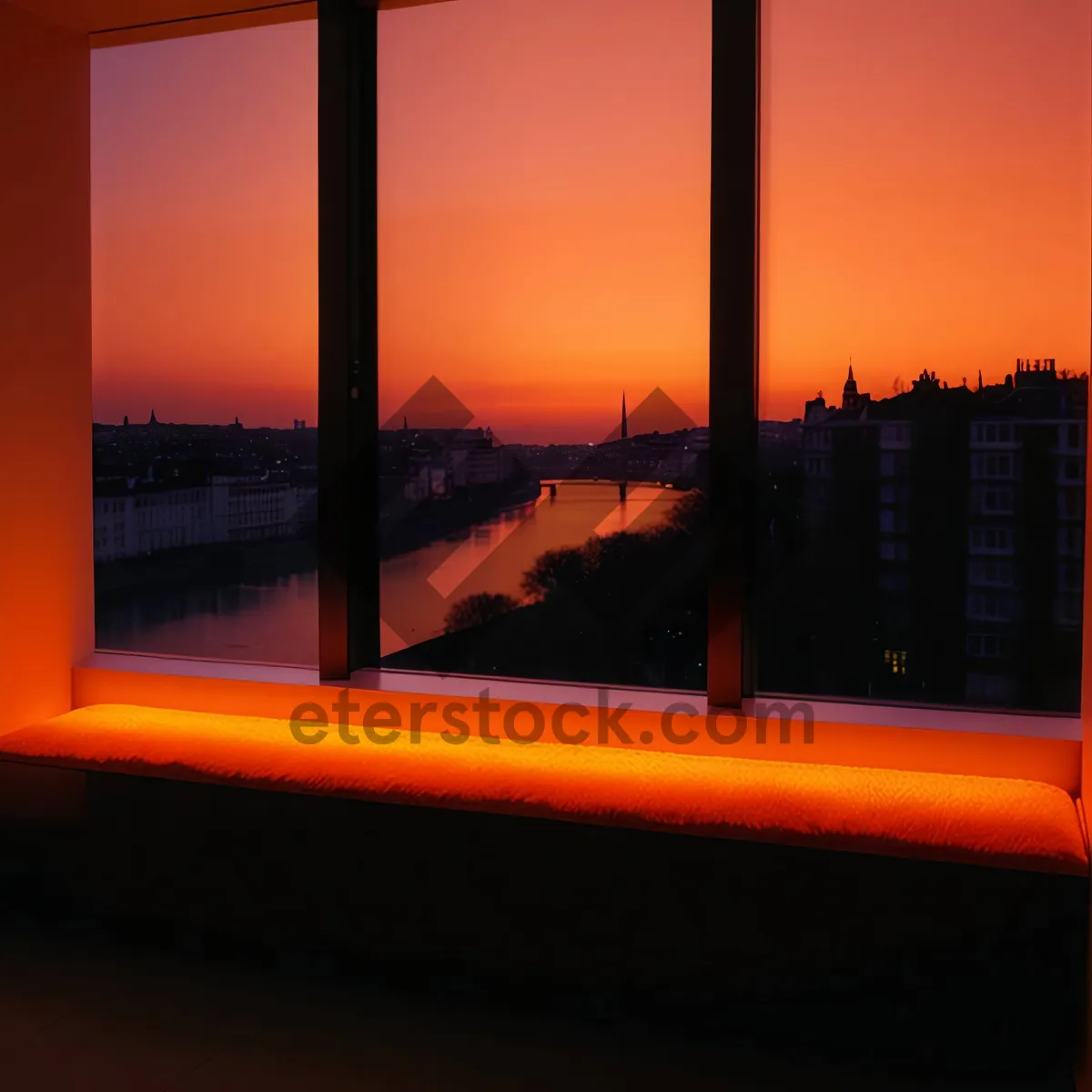 Picture of City sunset silhouette over calm river water