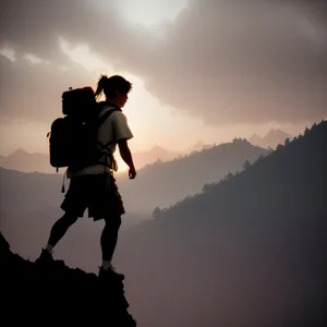 Enthusiastic athlete embracing freedom in mountain sunset jump.