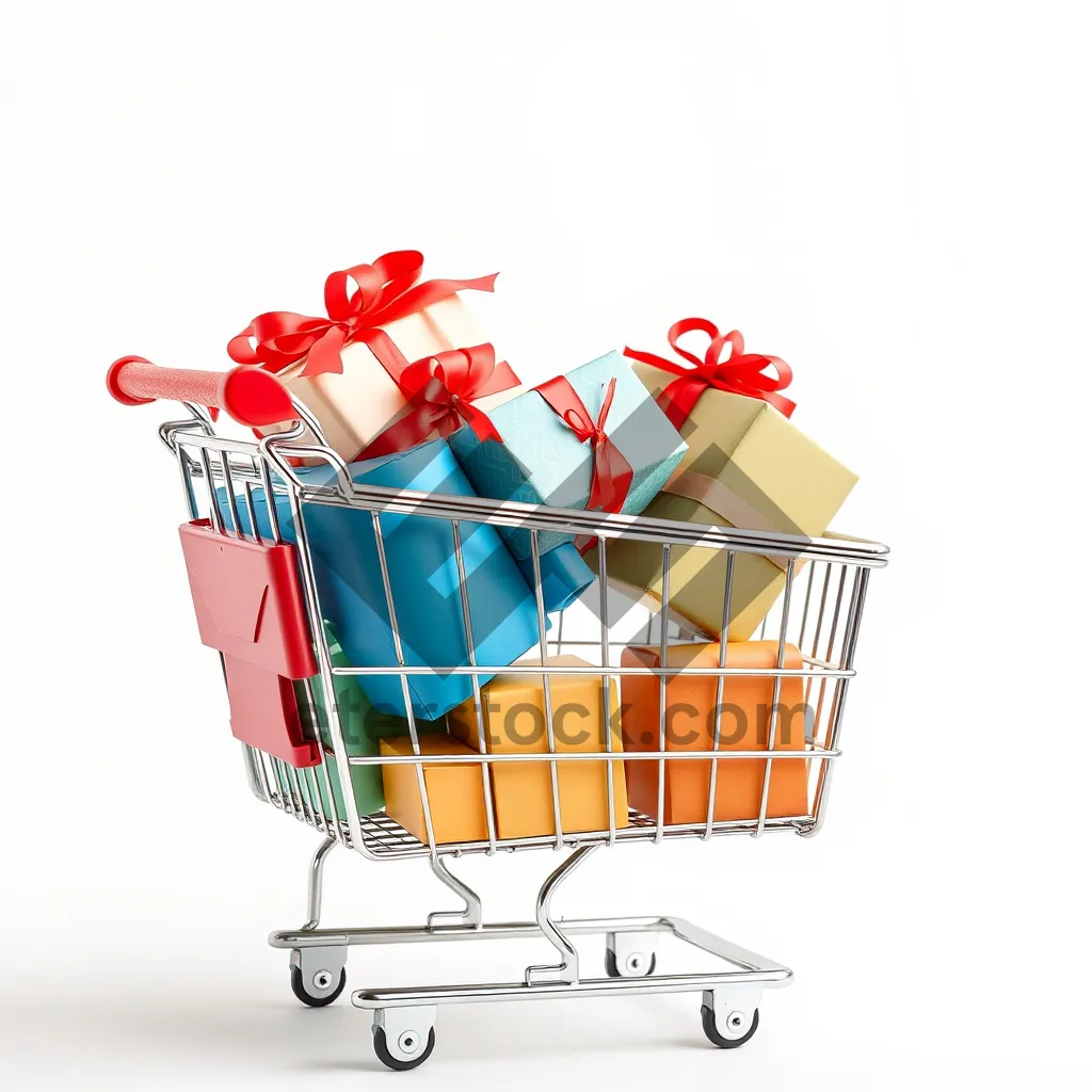 Picture of 3D metal shopping cart on wheel in empty supermarket.