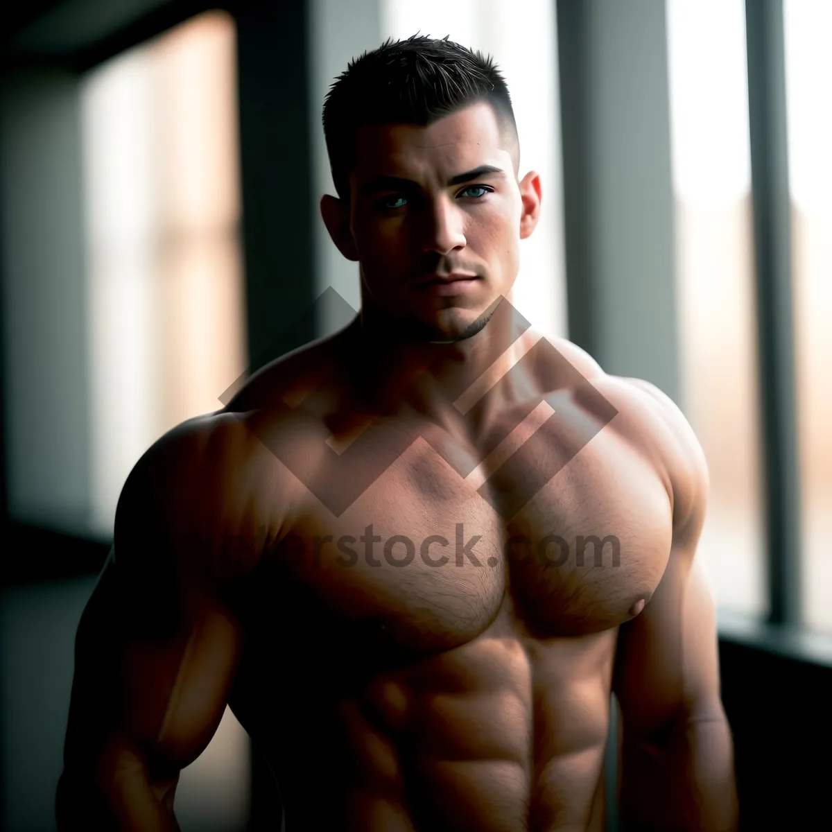 Picture of Muscular Male Model Flexing Abs in Dark Gym