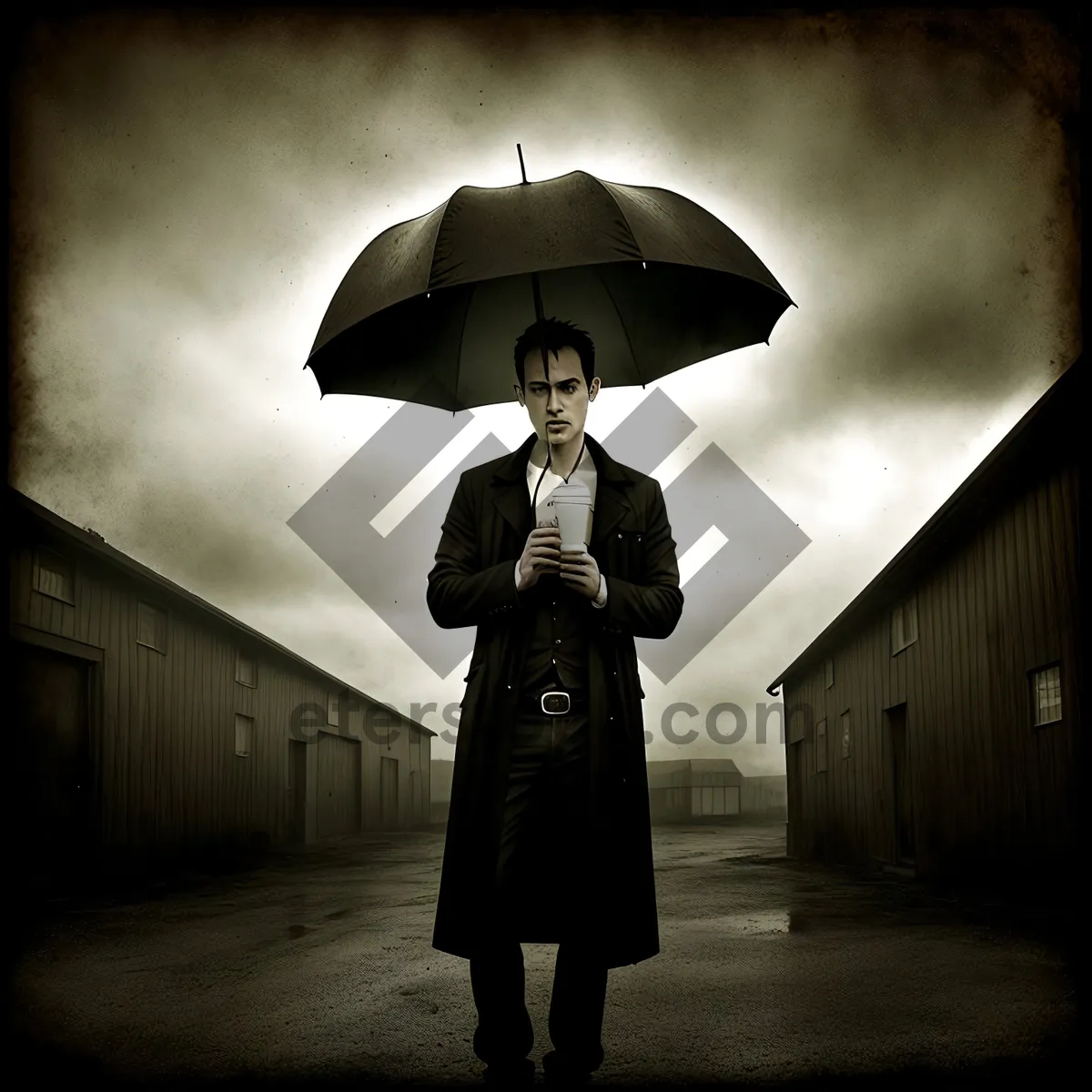 Picture of Rainy Day Protection: Person with Umbrella Under Canopy